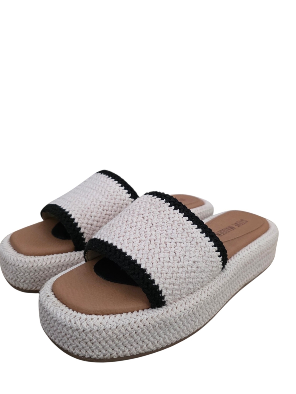 Steve Madden Beachy Woven Platform Slide Sandals Cream Black 9.5